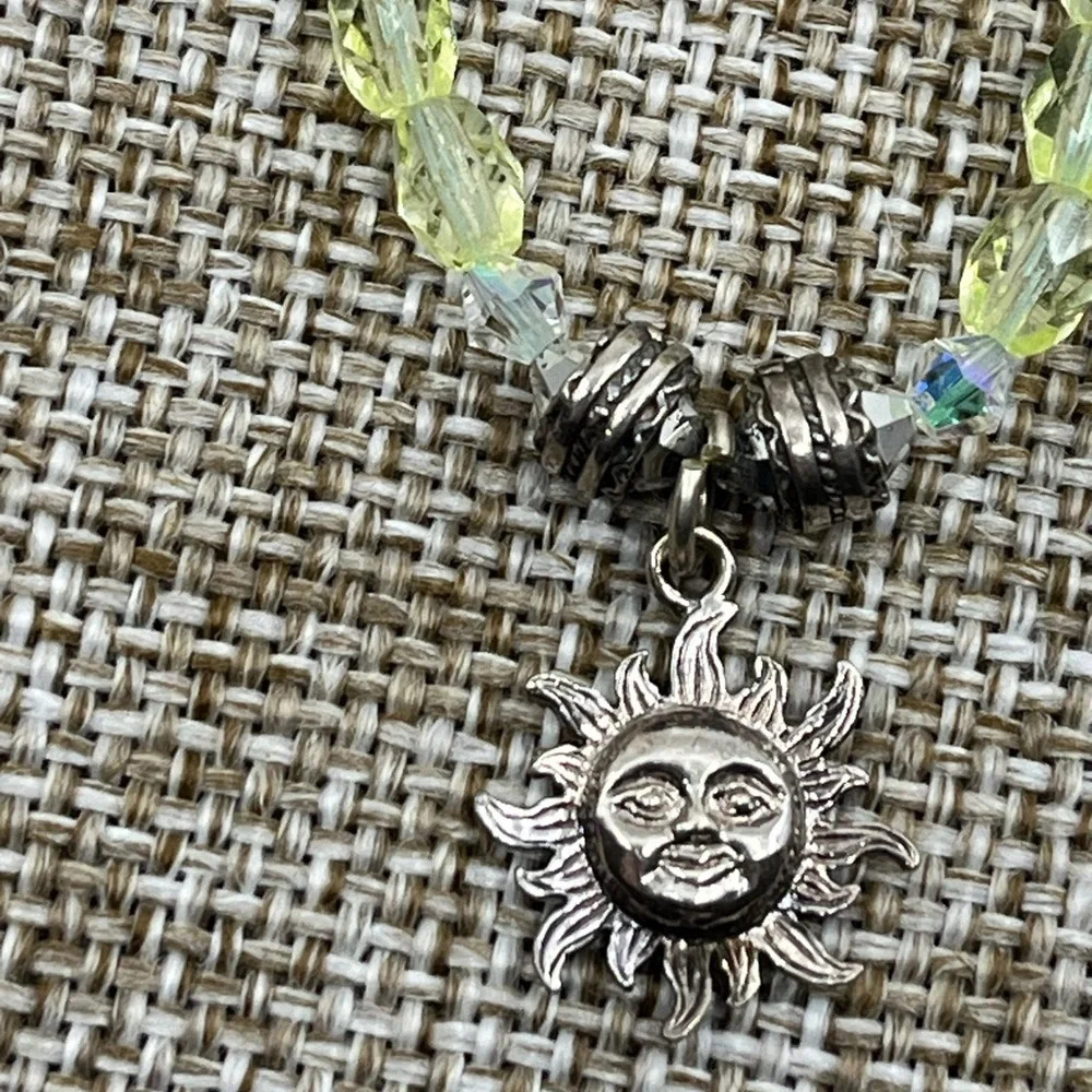 Vintage Handmade Silver Sun Pendant Necklace with Green Faceted Crystals - Picture 10 of 16